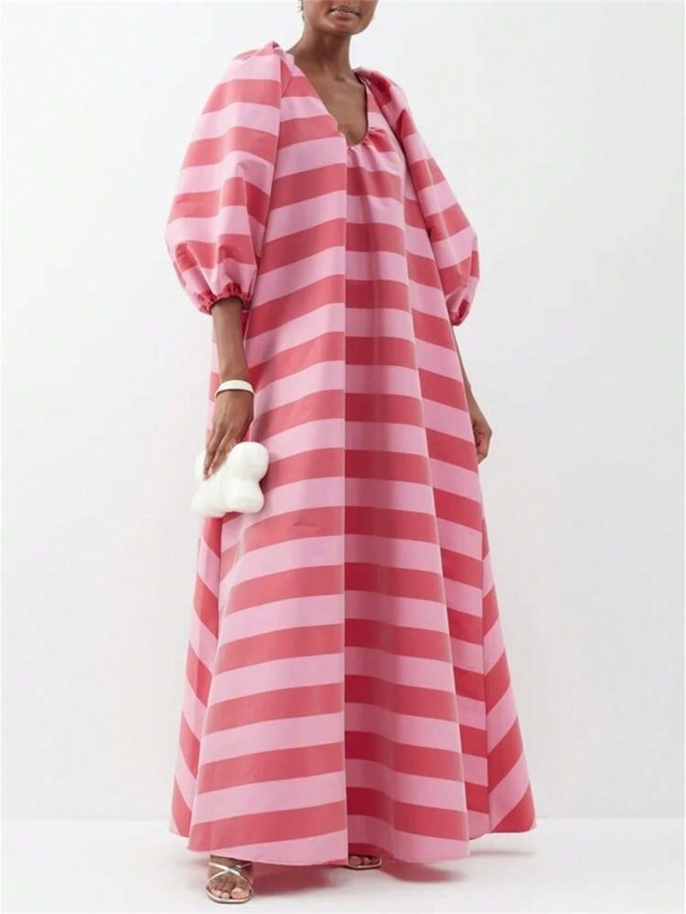 Striped Pink Balloon-Sleeve Maxi Dress